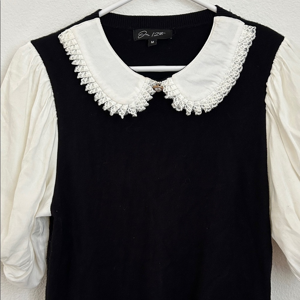 Black & White Peter Pan Collar Puff Sleeve Top - Picture 5 of 5